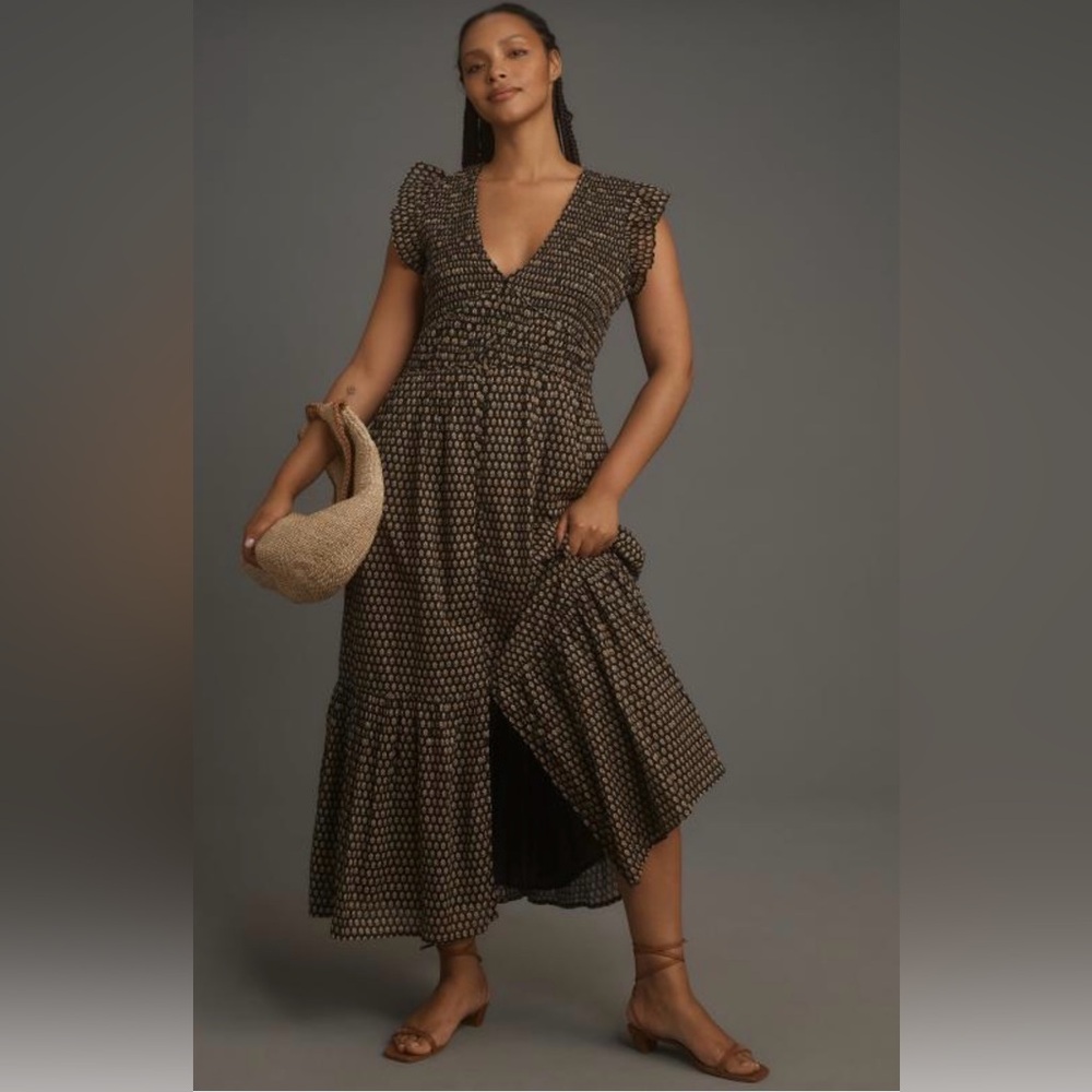 Anthropologie Brown and White Tiered Midi Sundress